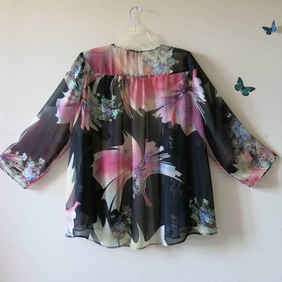 Vintage Status by Chenault Floral Roses Bohemian Chiffon Open Cardigan Sz. L - Picture 8 of 16